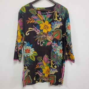 Kikisol Womens Bohemian Floral Tunic Top Size XL Black Artsy Vacation Cotton